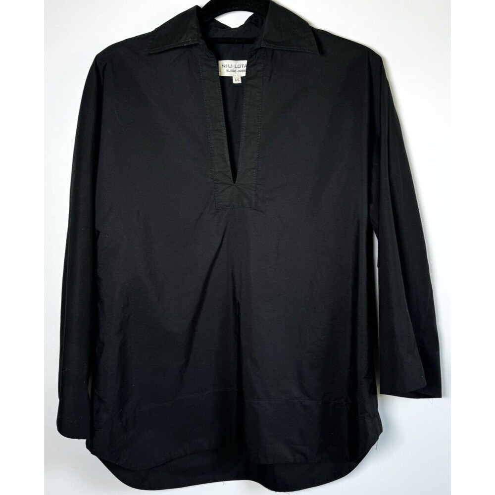 Nili Lotan Tunic Blouse Womens XS Black Long Sleeve Split‎ Neck Minimalist